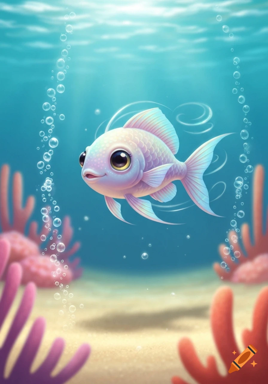 A cute, stylized, iridescent fish with large eyes smiles while swimming underwater among coral and bubbles in a cartoon art style.
