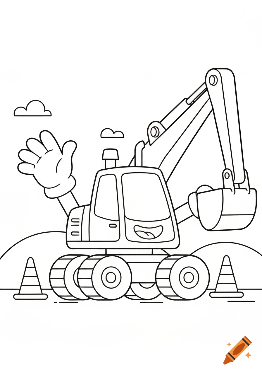 Black and white outline of a smiling cartoon excavator with a waving hand, a bucket, and two traffic cones, ready for coloring.
