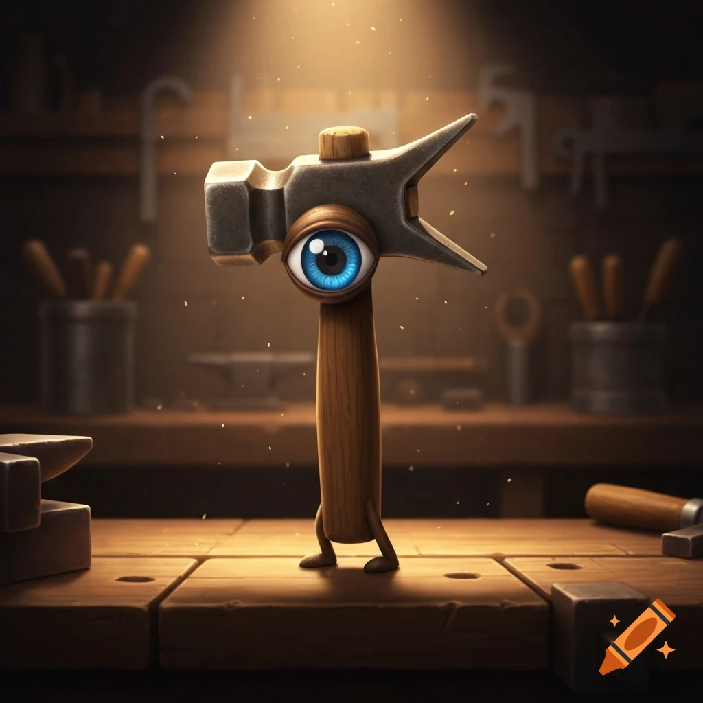 A stylized, anthropomorphic hammer with a large blue cyclops eye and small legs stands on a wooden workbench in a workshop.