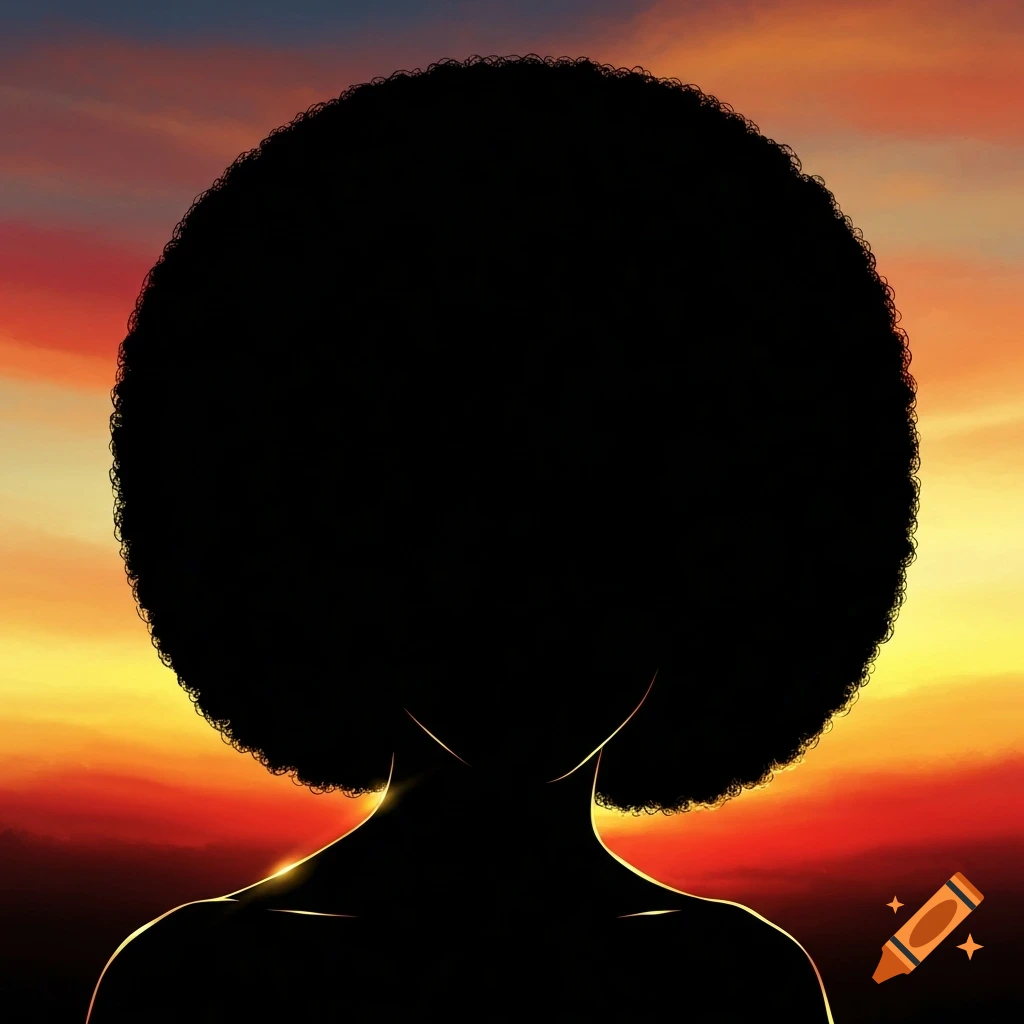 Stylized silhouette of a person with a large afro against a vibrant sunset sky.