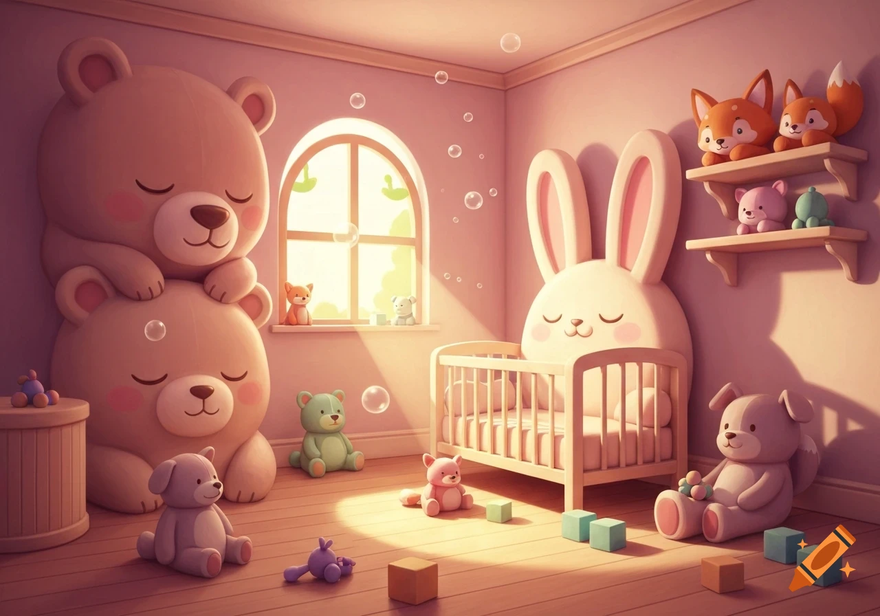 A pastel pink nursery with various sleeping animal plush toys, including large bears, a bunny in a crib, foxes on shelves, and scattered blocks.
