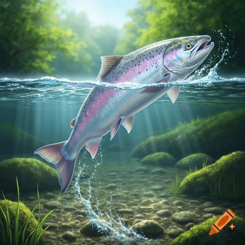 A colorful salmon leaps from a clear river with sunlight filtering through the water and trees in the background.