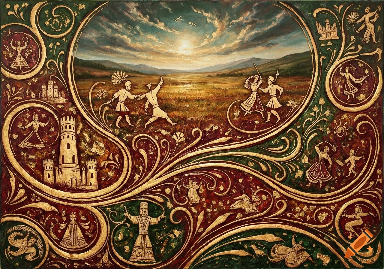 Ornate Chechen-style painting featuring a landscape with figures dancing, framed by golden swirls, towers, and smaller scenes.