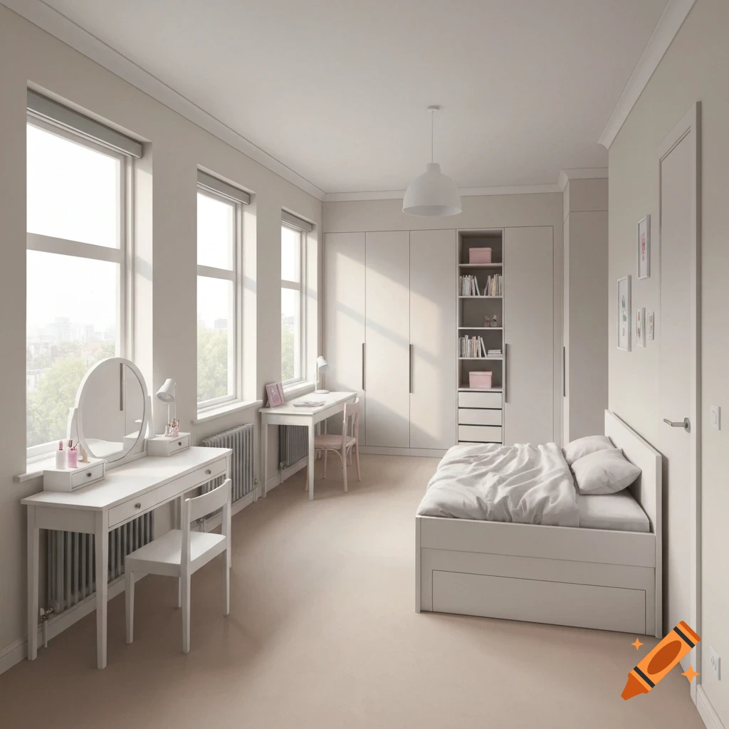 A bright, photorealistic girl's bedroom with a dressing table, desk, bed, wardrobe, bookshelf, and three large windows.