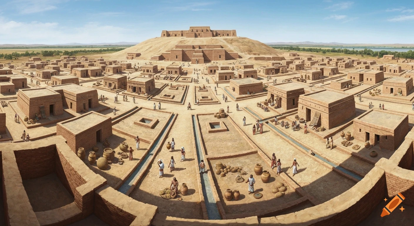 A wide, elevated panoramic view of the ancient city of Mohenjo-daro with brick buildings, streets, and people under a blue sky.