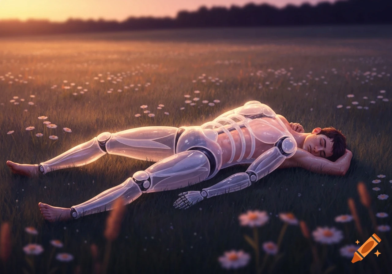 A transparent robot with a sleeping man's head and chest, and human feet, lies in a sunny meadow among small flowers.