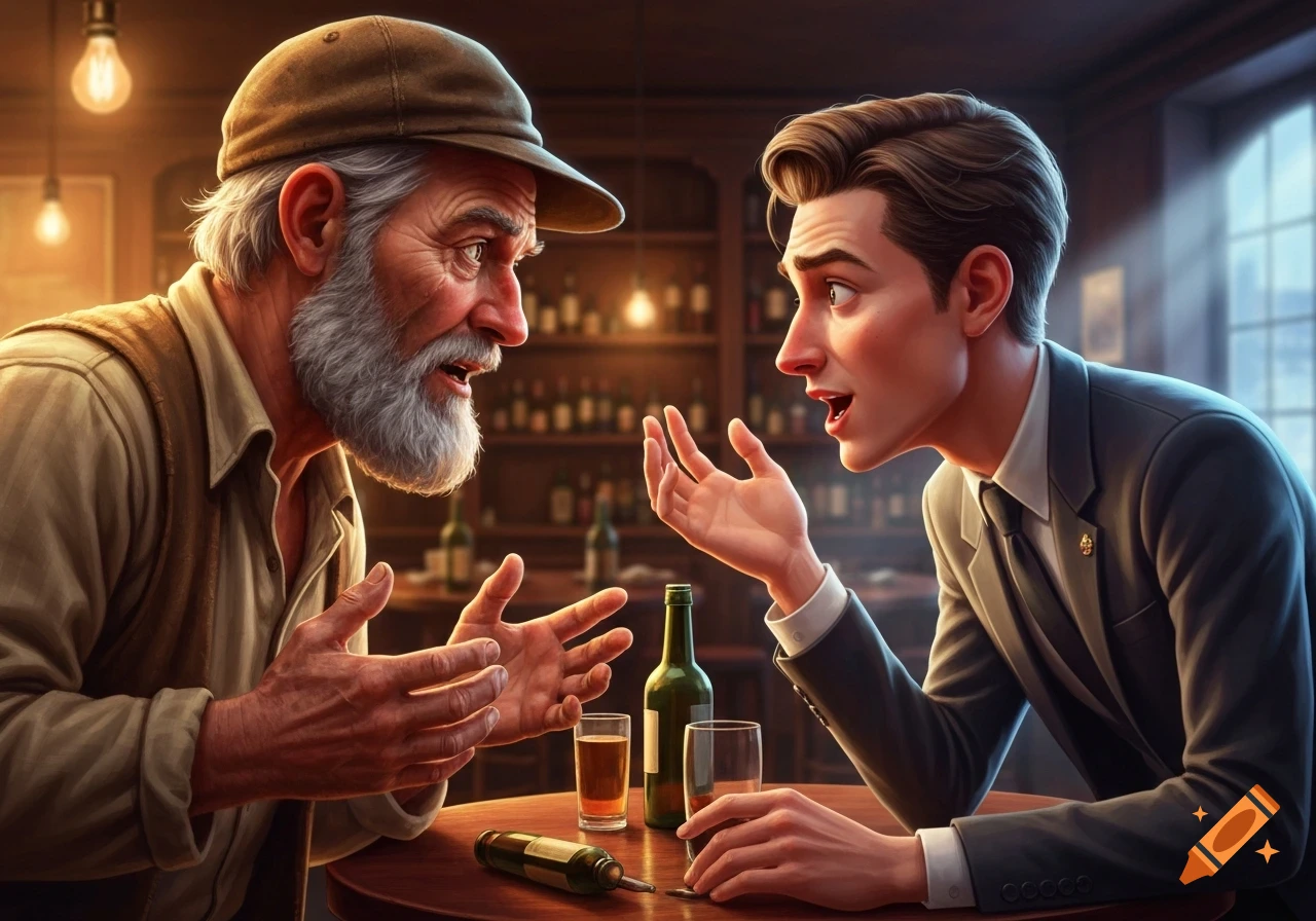 A photorealistic illustration of an older bearded man and a younger man in a suit talking animatedly at a bar table with drinks.