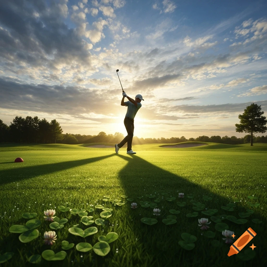 A golfer swings a club on a lush green course, casting a long shadow under a cloudy sunset sky.