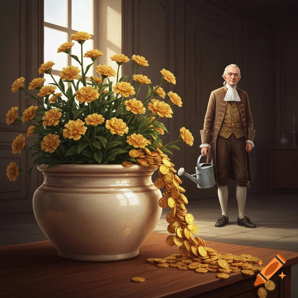 A man in 17th-century attire stands next to a pot of yellow flowers from which gold coins pour onto a wooden table.