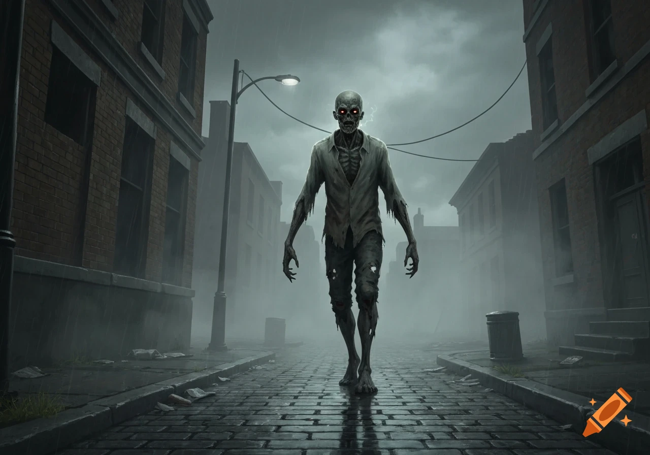A gaunt zombie with glowing red eyes and tattered clothes walks down a wet, foggy cobblestone street between brick buildings in the rain.