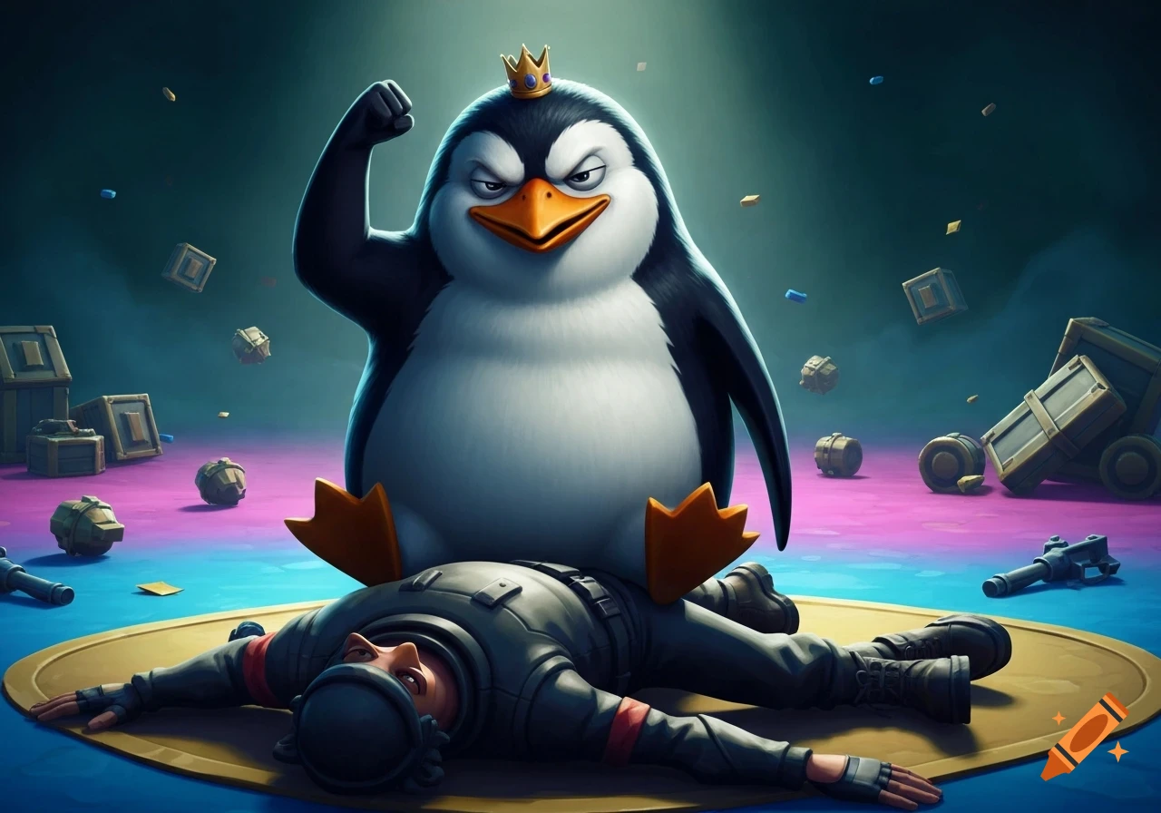 A cartoon king penguin wearing a crown flexes while standing on a defeated person in a colorful, stylized game arena.