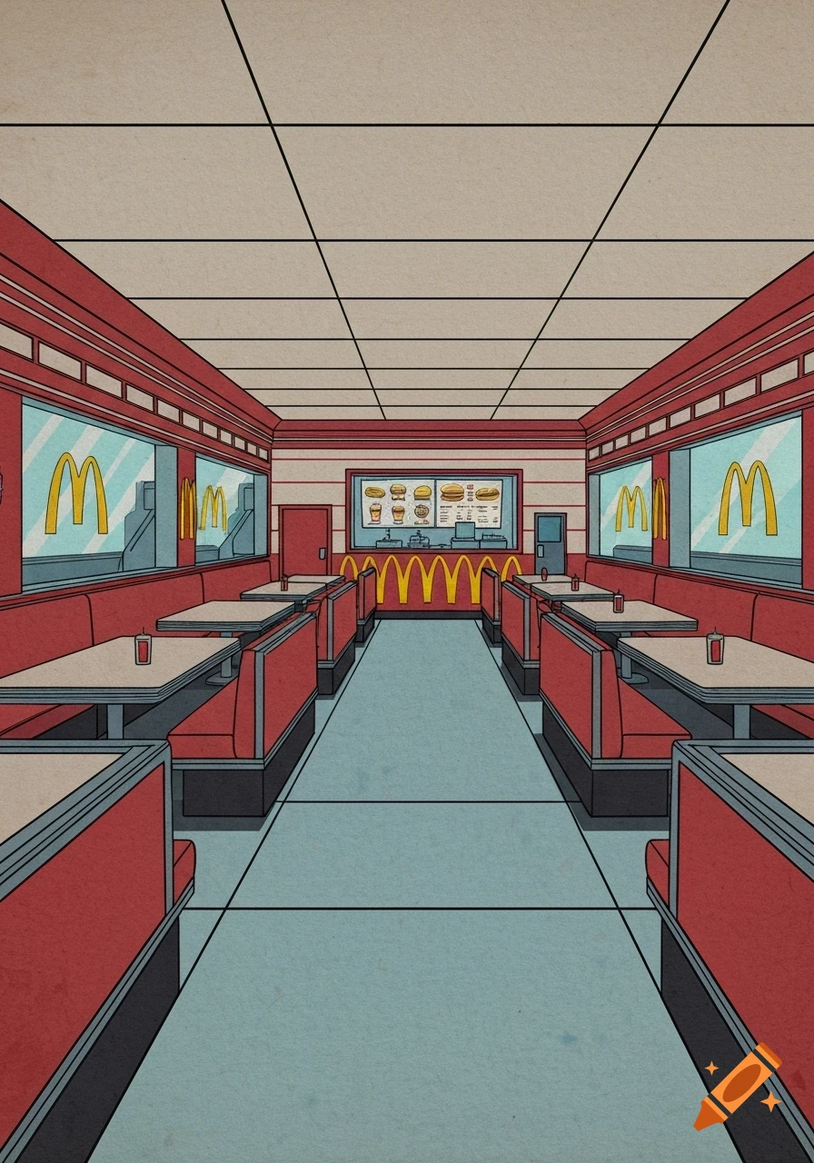A 2D cartoon illustration of an empty McDonald's restaurant interior with red booths, tables, and yellow 'M' logos, in a paper texture style.