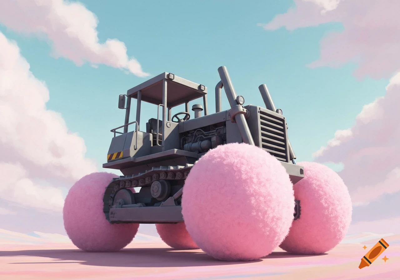 A stylized gray bulldozer with oversized, fluffy pink wheels on pink terrain under a light blue sky with soft pink clouds.
