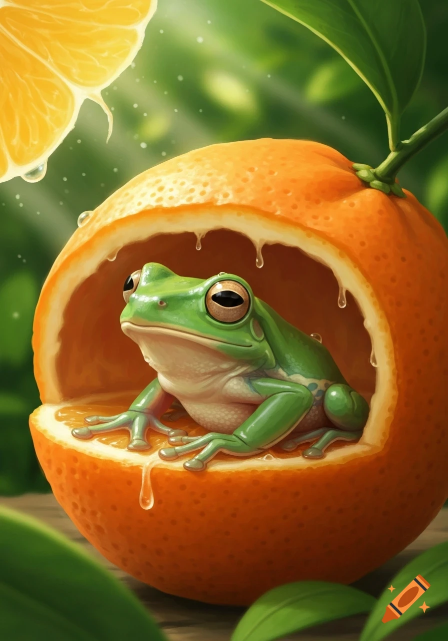 A vibrant green frog sits comfortably inside a hollowed-out orange, with an orange slice and green leaves in the background.