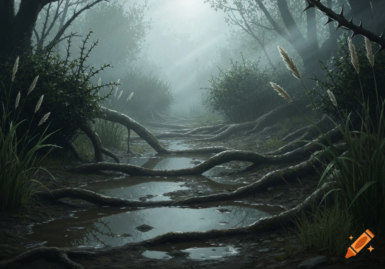 Misty forest path with gnarled roots, puddles, thorny bushes, and tall grasses. Atmospheric digital painting.