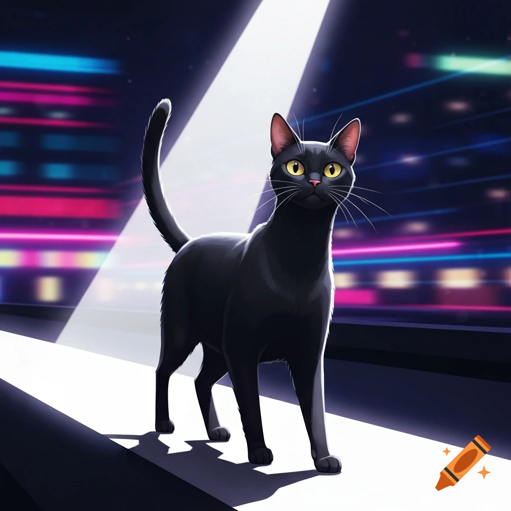 A cartoon black cat with yellow eyes walks elegantly on a brightly lit catwalk against a blurred neon background.
