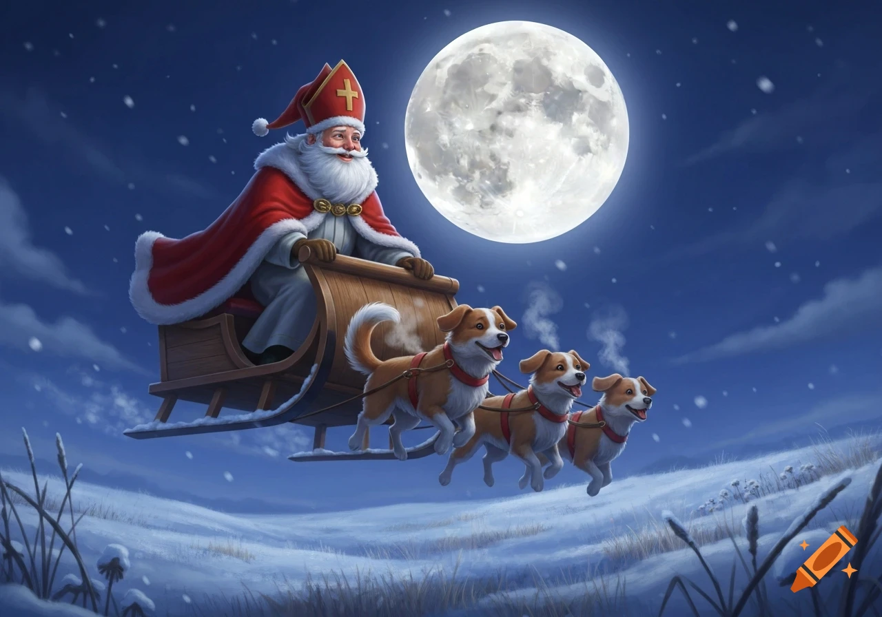 Illustrated Saint Nicholas on a sleigh pulled by three dogs, flying over a snowy landscape under a full moon.