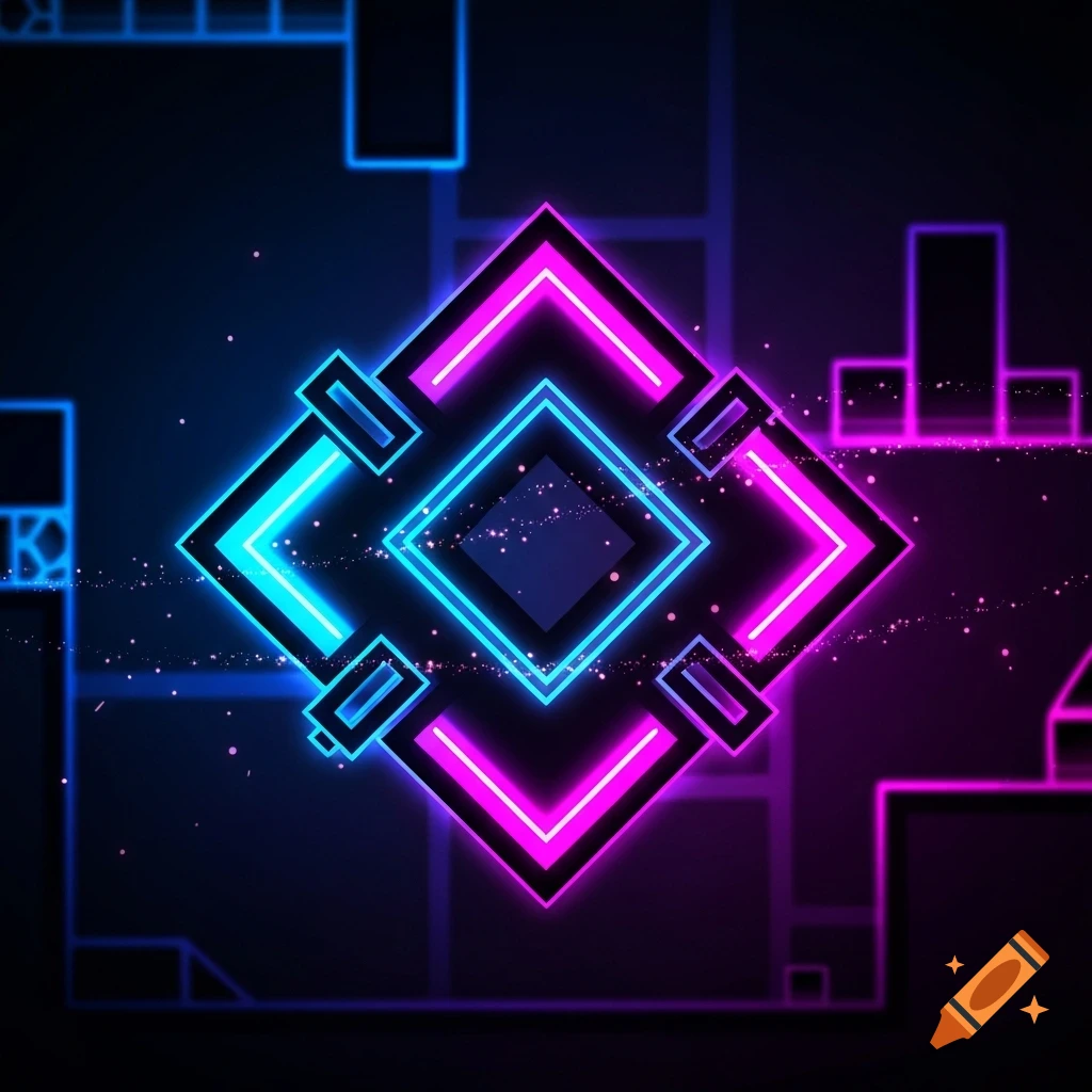 A neon geometric icon with glowing blue and magenta lines and a dark background.