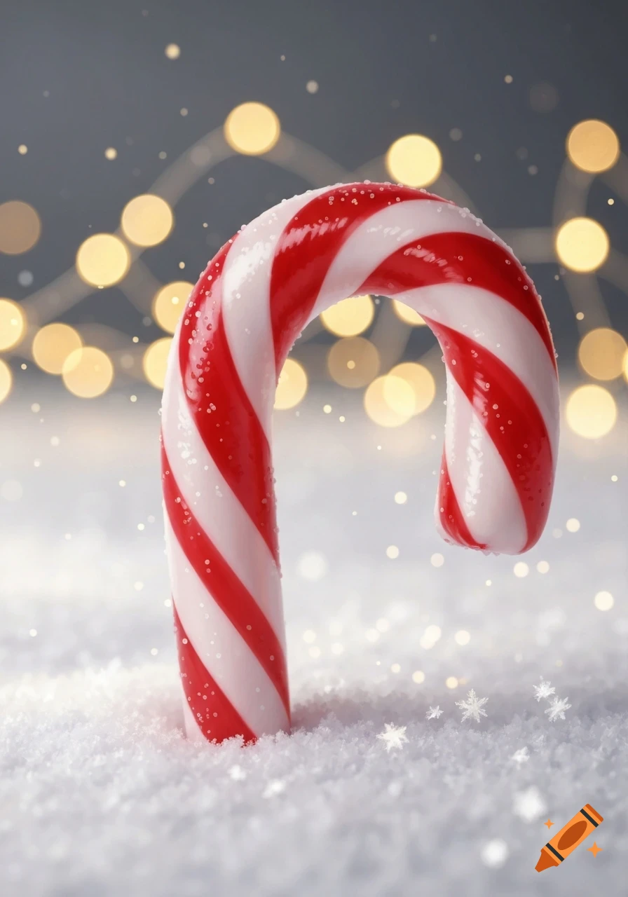 A red and white striped candy cane stands in a bed of snow, illuminated by blurred golden string lights in the background.