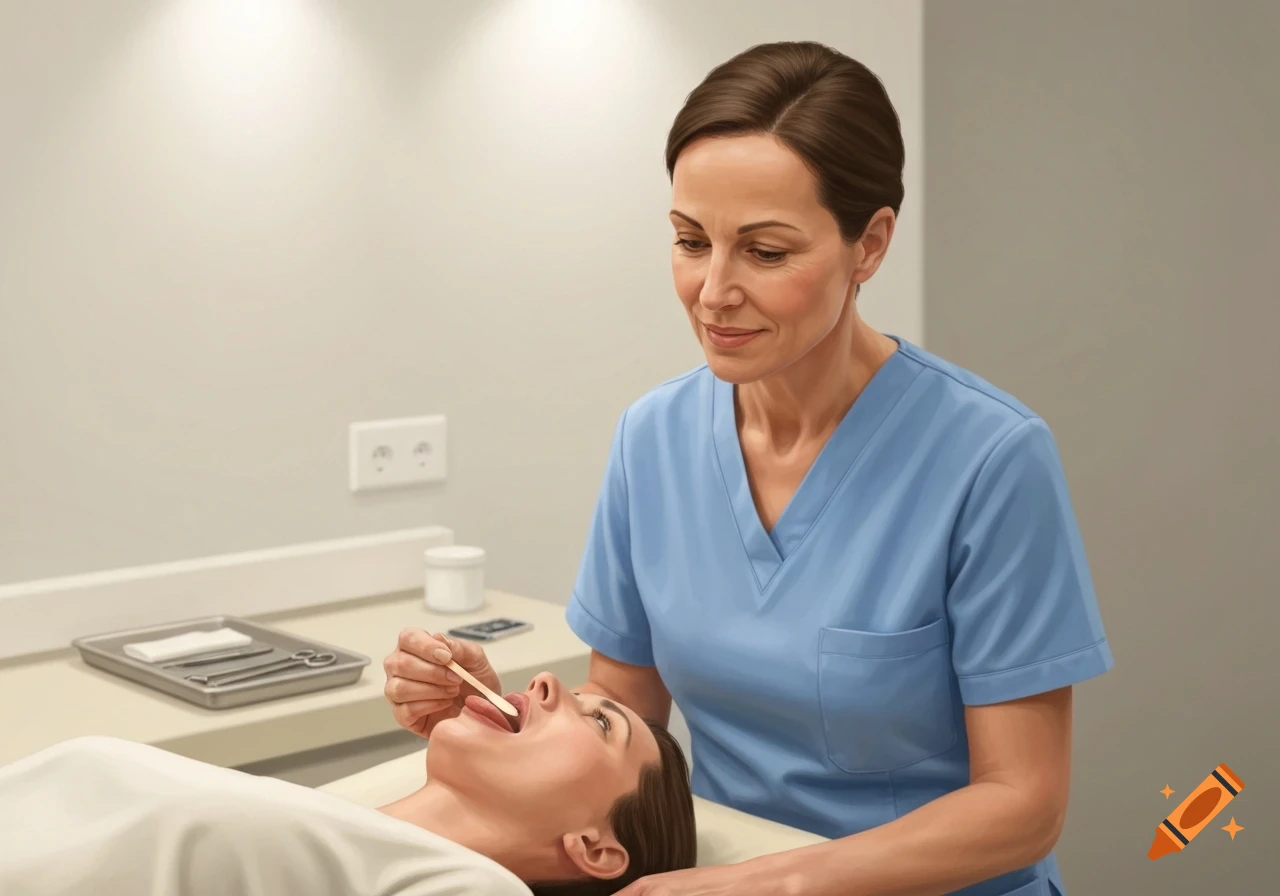 A female doctor in blue scrubs examines a patient's throat in an examination room, digital illustration.
