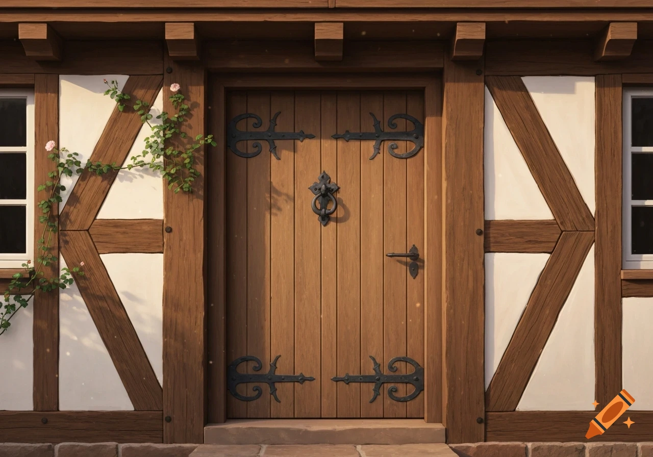 A detailed wooden front door with ornate iron hardware on a traditional half-timbered house, with a climbing rose bush.