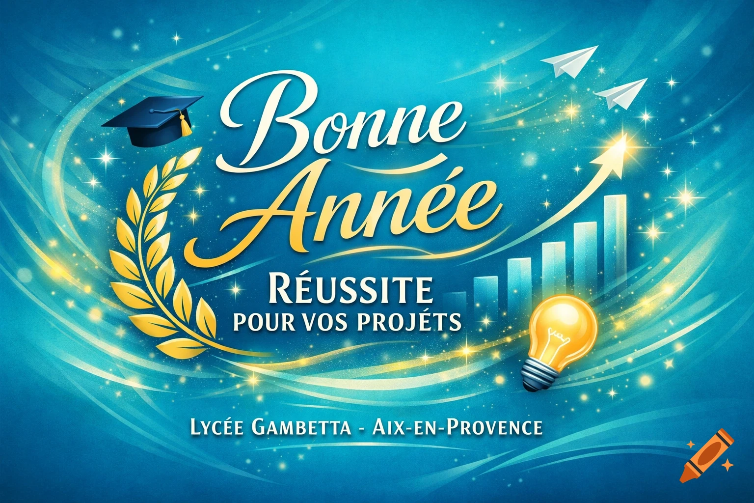 A vibrant blue and gold graphic wishing "Happy New Year" and "Success for your projects" from Lycée Gambetta. It features a graduation cap, laurel wreath, upward trending bar chart, lightbulb, and paper airplanes.