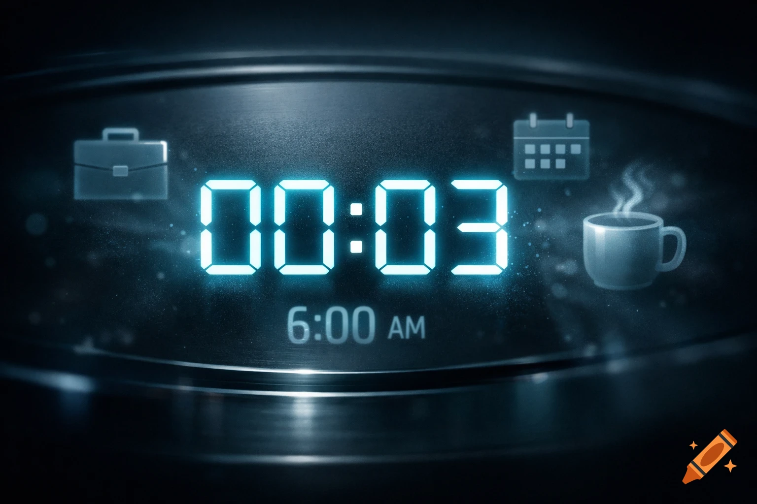 Digital clock displaying 00:03 and 6:00 AM, with glowing icons for a briefcase, calendar, and steaming coffee cup on a dark background.