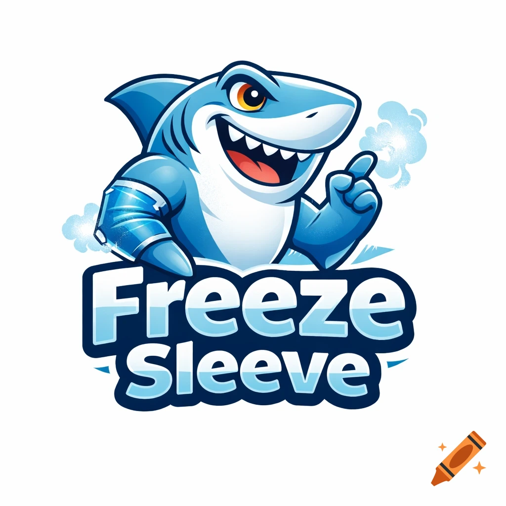 A cartoon blue shark mascot with a happy expression, wearing an icy sleeve on its arm, pointing, with the text "Freeze Sleeve" below it.
