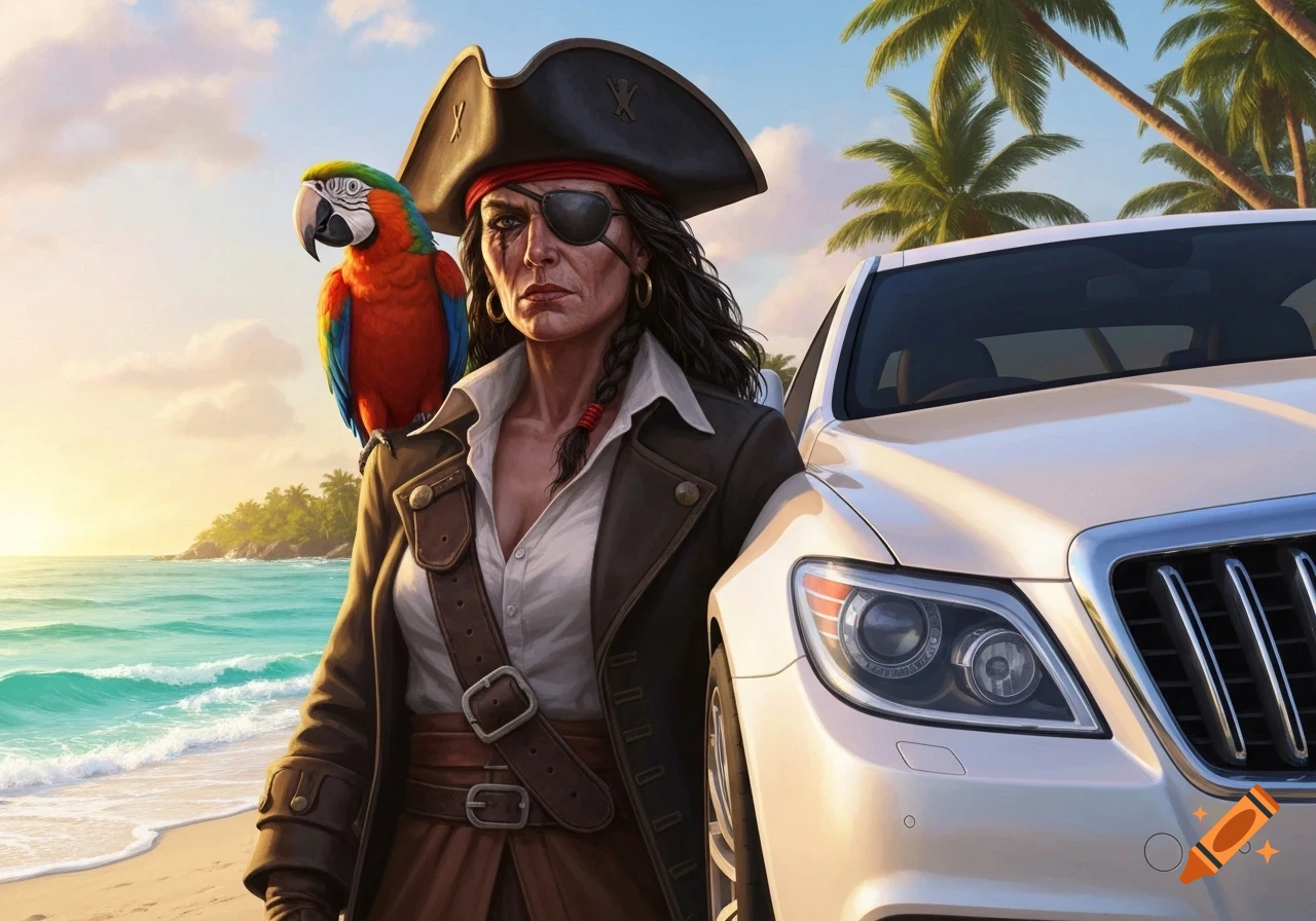 Female pirate with an eyepatch and parrot on shoulder, next to a white luxury car on a tropical beach at sunset.