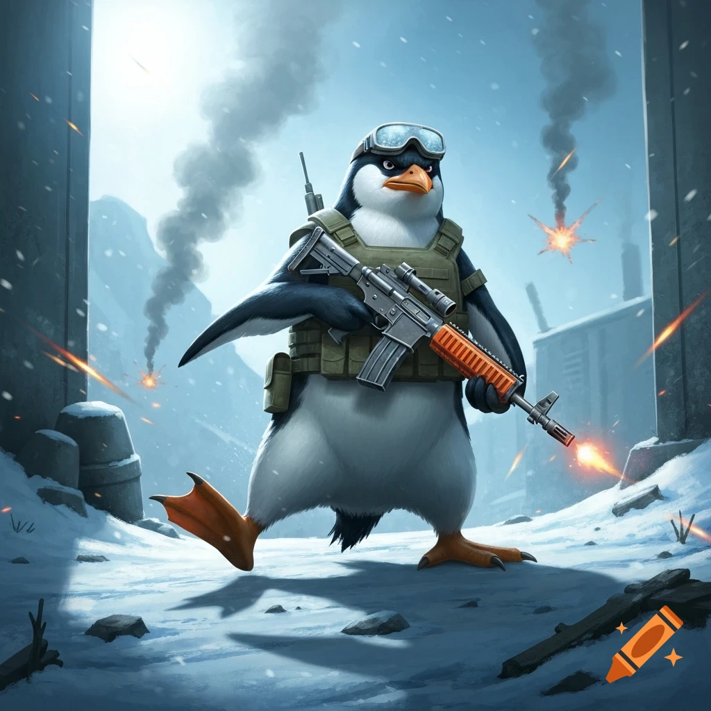 A cartoon penguin in military gear, holding a rifle, walks through a snowy, war-torn landscape with explosions.