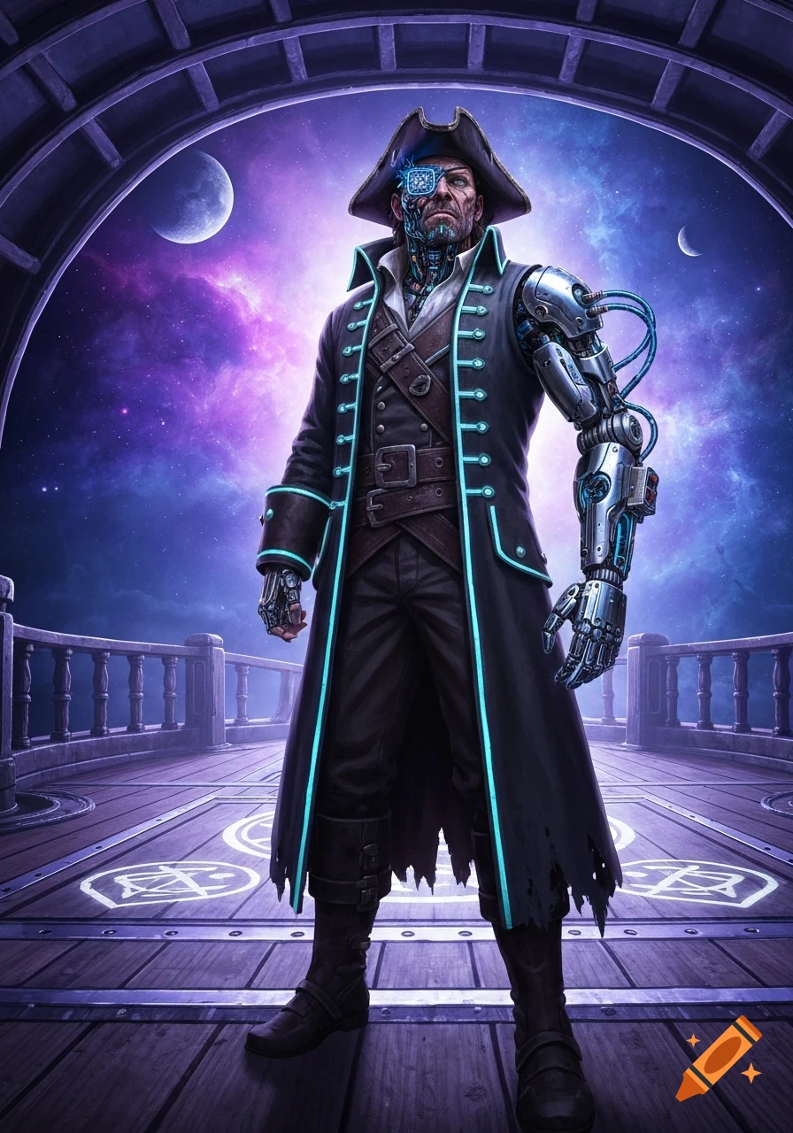 Full-body digital art of a cybernetic pirate with a glowing robotic arm and eyepatch, standing on a futuristic bridge beneath a vibrant cosmic sky.