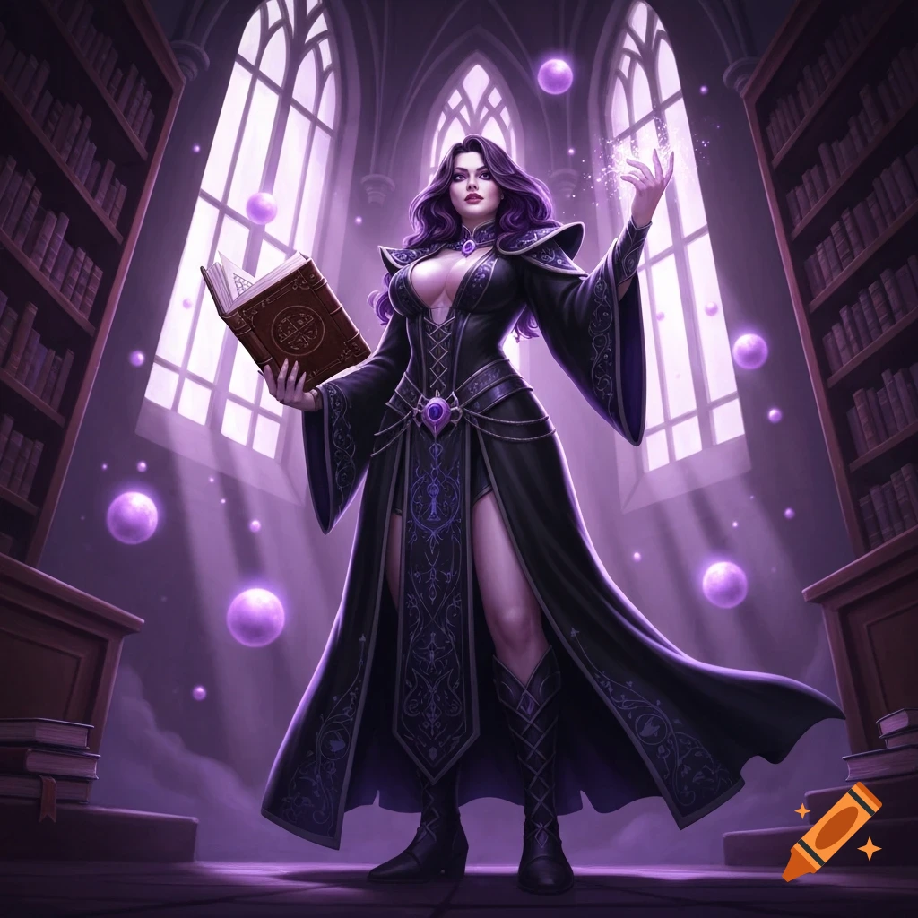 A purple-haired wizard in a black robe holds a spellbook, casting magic with purple orbs in a gothic library.