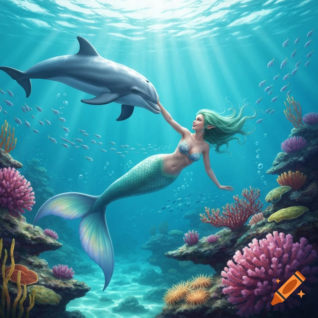 A mermaid with green hair gently touches a dolphin underwater, surrounded by colorful coral and fish, with sunlight streaming from above.