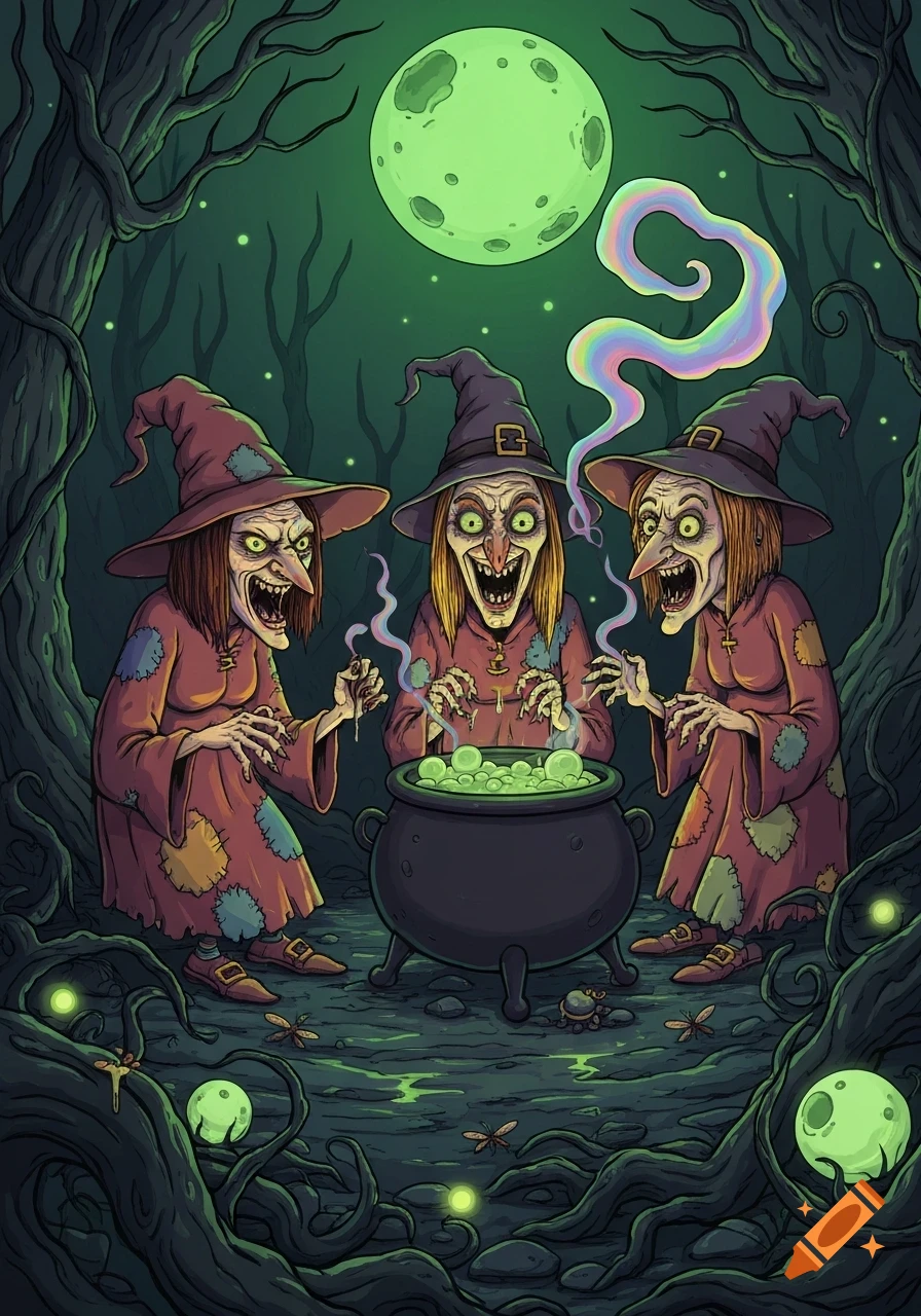 Three ugly, green-skinned witches in a dark forest brew a glowing potion in a cauldron under a full moon, illustration.