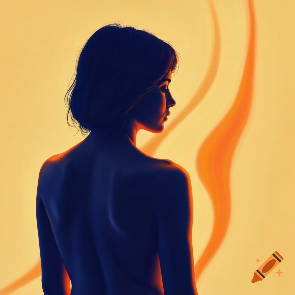 Fine art portrait of a woman from behind, with deep blue shadows and golden-orange highlights against a warm yellow background.