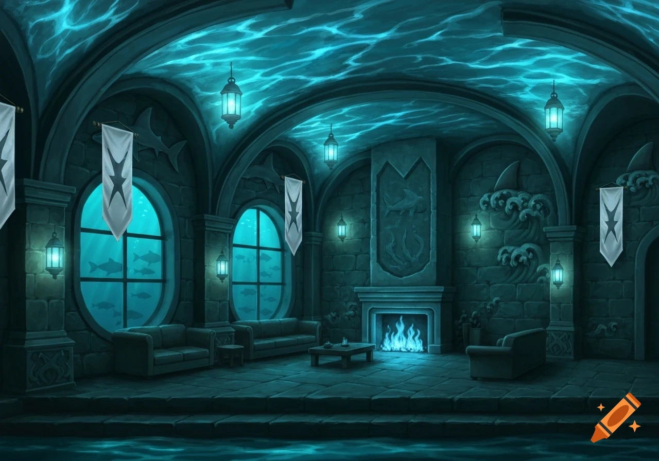 A fantasy underwater common room with dark stone walls, glowing blue lanterns, fish swimming outside large round windows, and a blue-flamed fireplace.