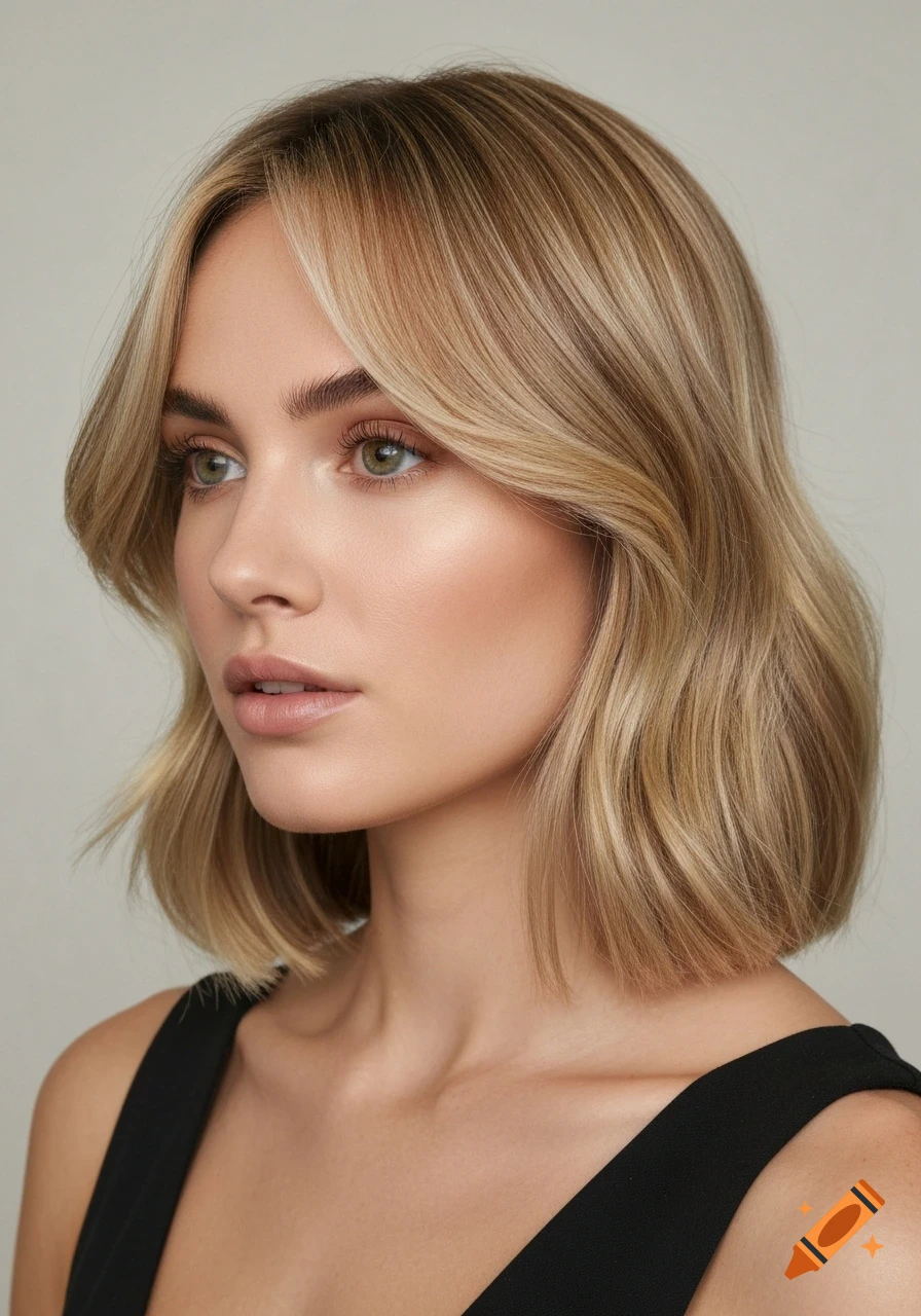 Photorealistic portrait of a young woman with blonde lob hair, curtain bangs, and natural makeup.