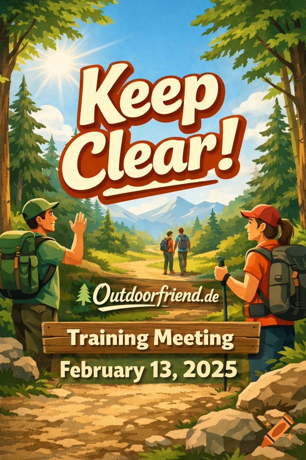 A vibrant illustration shows hikers on a forest trail with mountains. Text reads 'Keep Clear! Outdoorfriend.de Training Meeting February 13, 2025'.