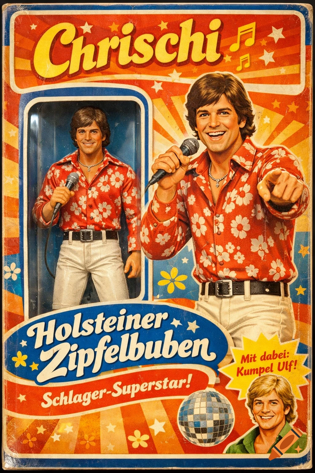 Vibrant 70s retro toy packaging for a 'Chrischi' Schlager-Superstar action figure, with a clear window and an image of 'Kumpel Ulf'.