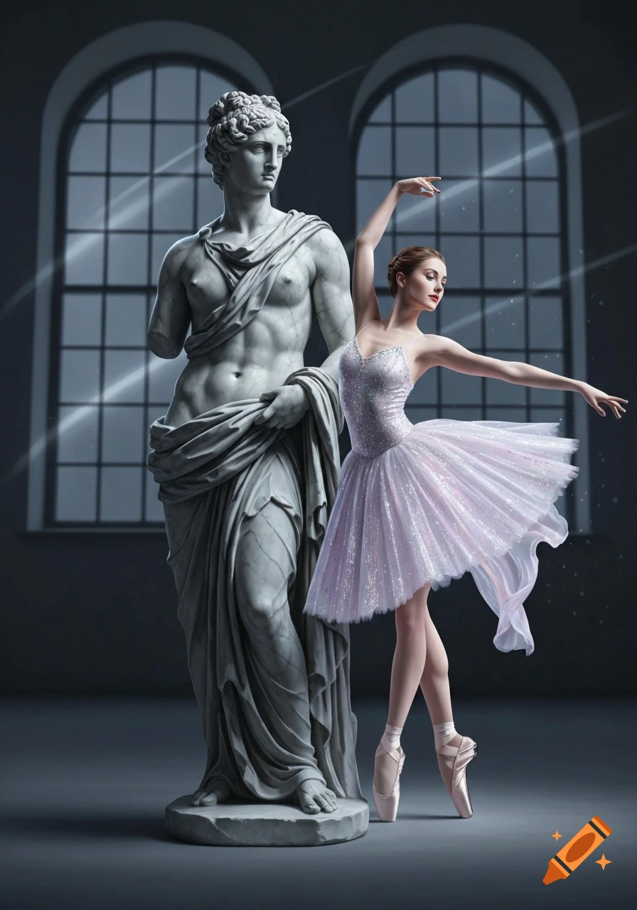Ballerina in sparkling pink tutu next to a classical marble statue in a dimly lit hall.