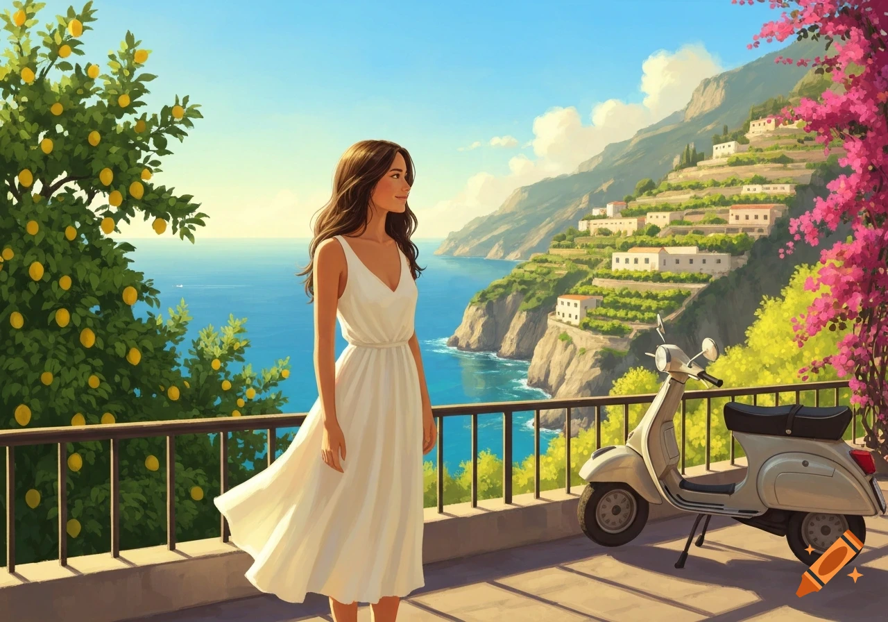 A woman in a white dress stands on a balcony overlooking the scenic Amalfi Coast with a scooter and lemon trees, in a stylized illustration.
