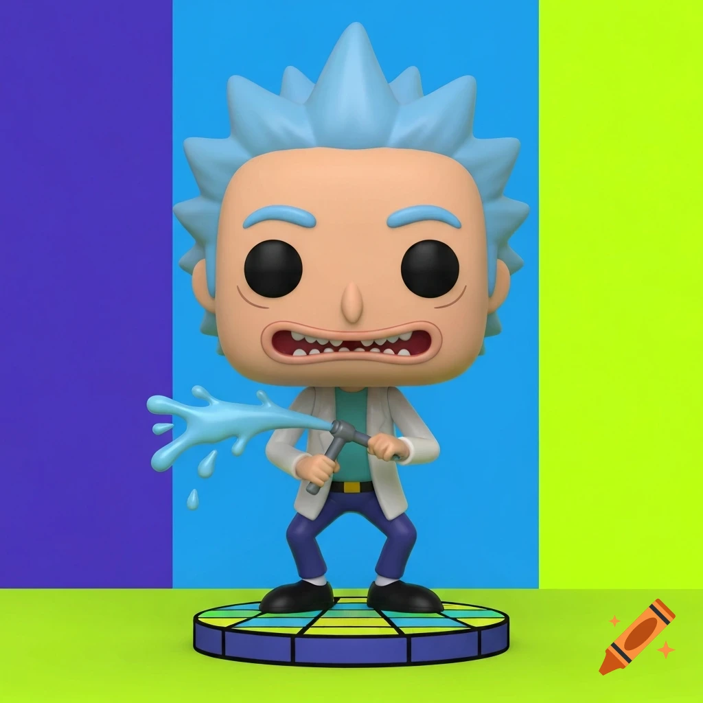 A Funko Pop figure of Rick Sanchez as The Piss Master, squirting blue liquid from a device, standing on a colorful base against a striped background.
