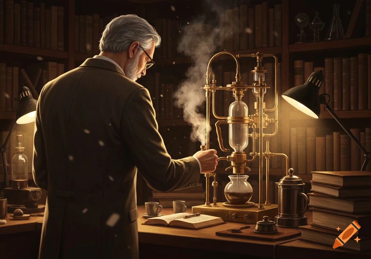 A grey-haired man operates a brass steampunk-style coffee machine in a dimly lit study with bookshelves, steam rising. Photorealistic.