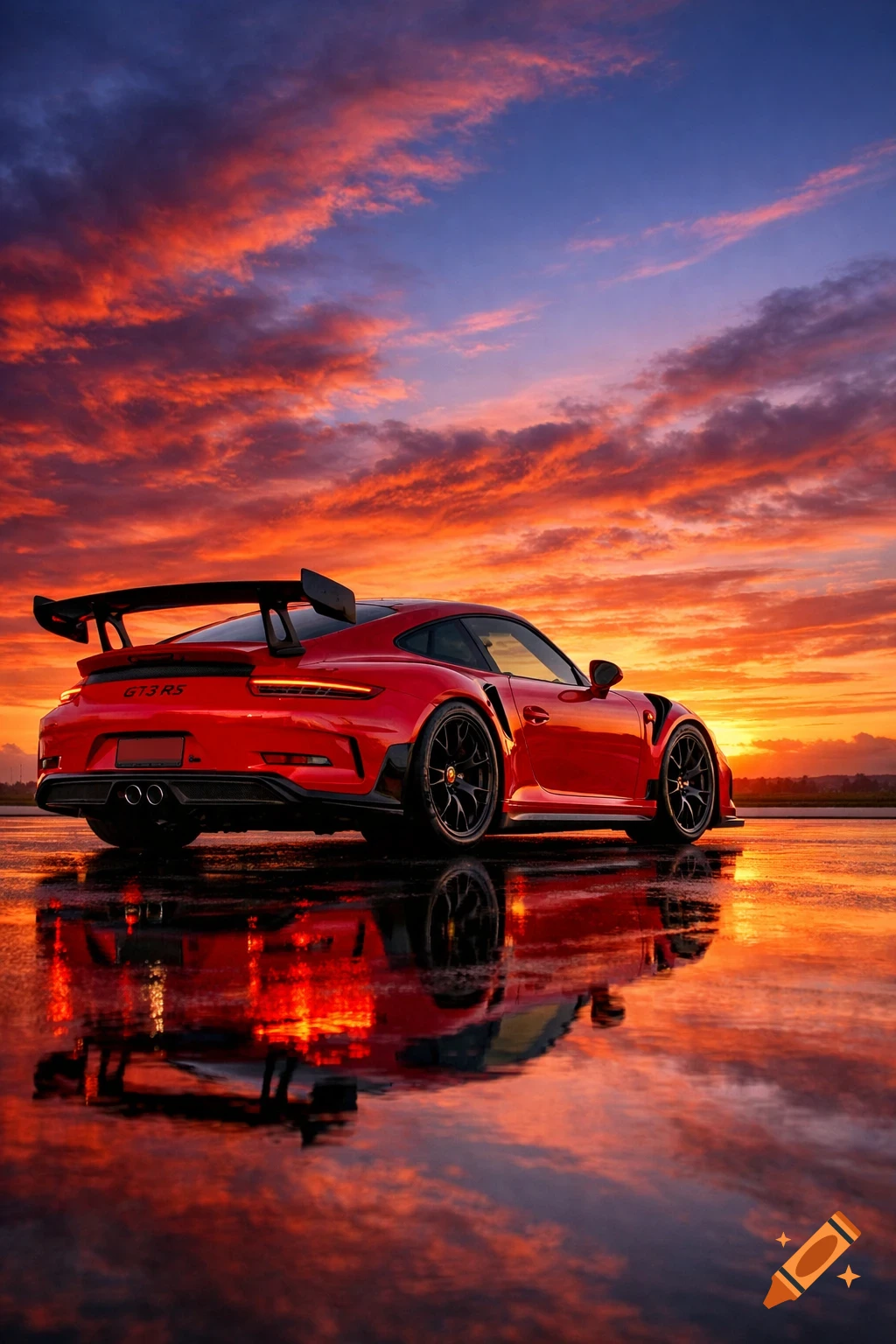 Red Porsche GT3 RS sports car parked on a wet surface, reflecting a vibrant sunset with orange and purple clouds.