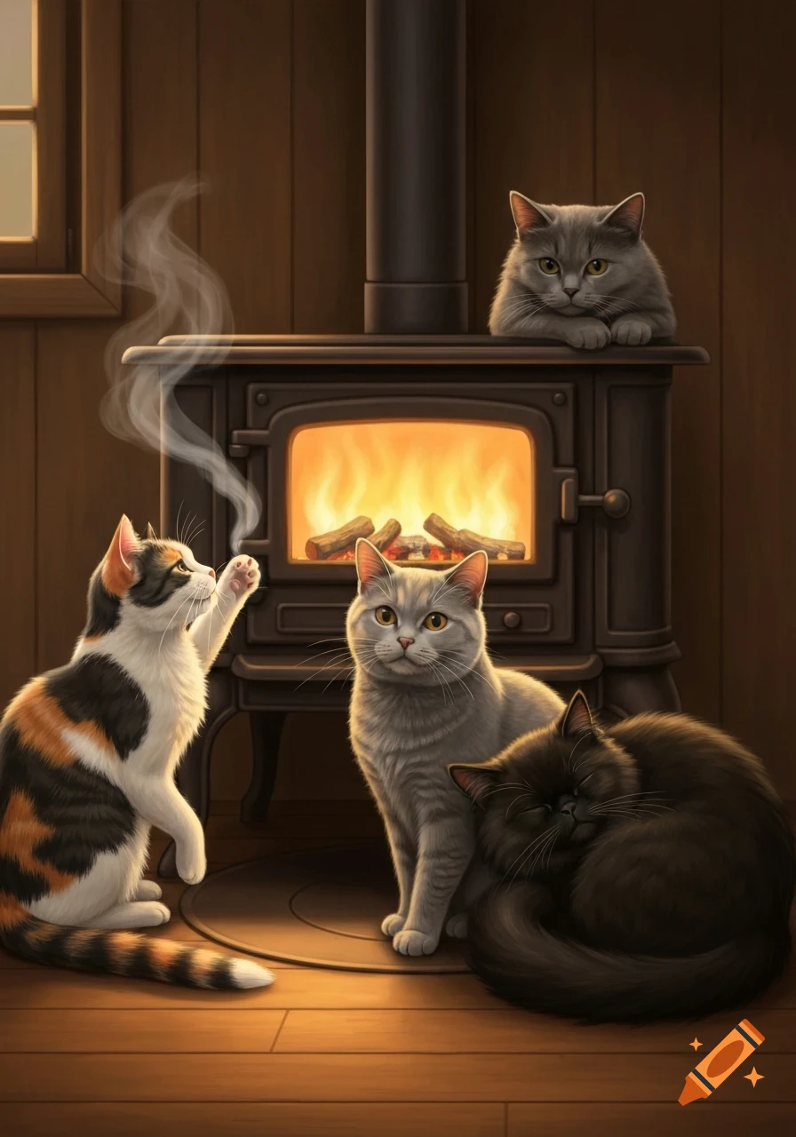Four cats gathered around a burning wood stove in a cozy room. One calico cat plays with smoke, two grey cats sit, and a black cat sleeps.