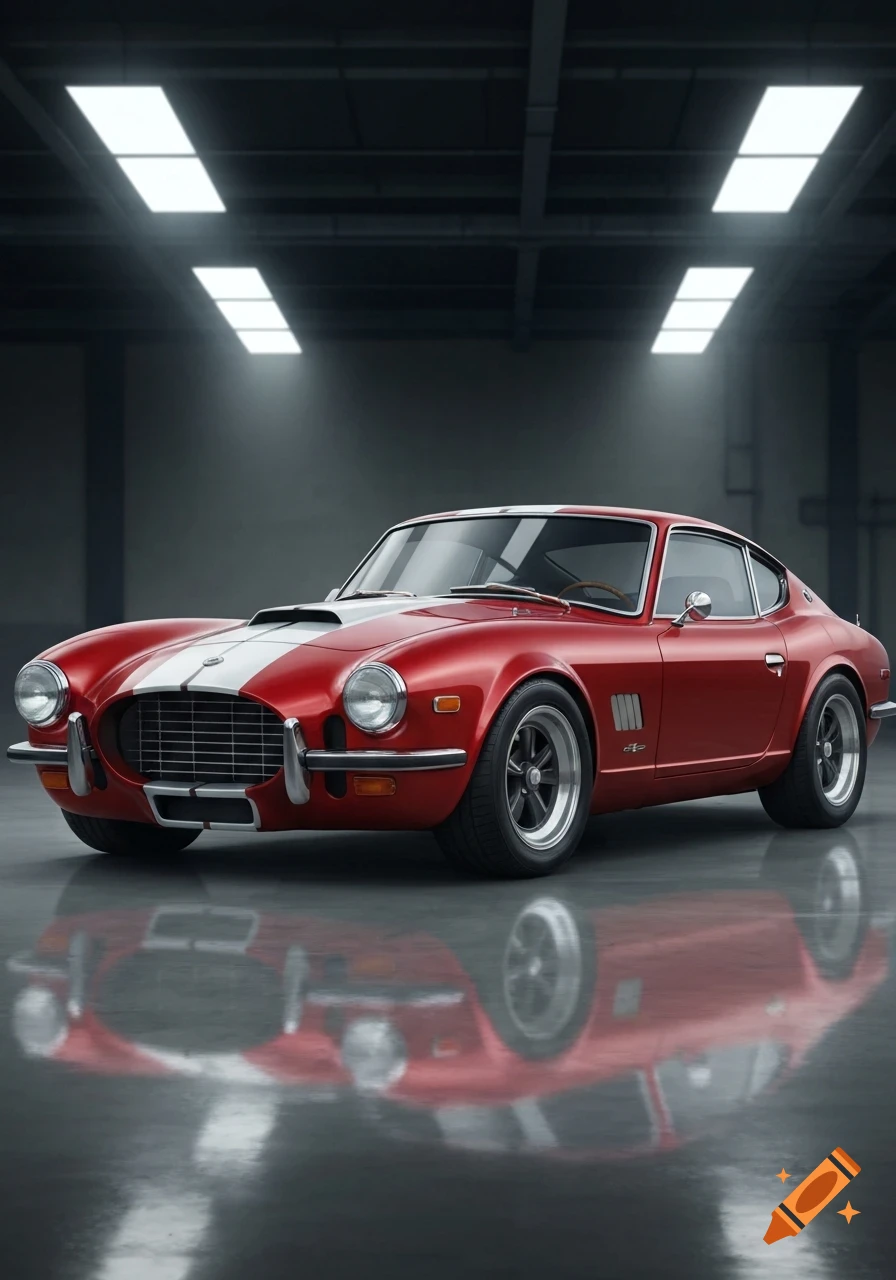 Photorealistic image of a custom red classic car with white racing stripes and a sleek design, parked on a reflective surface in a garage with overhead lighting.