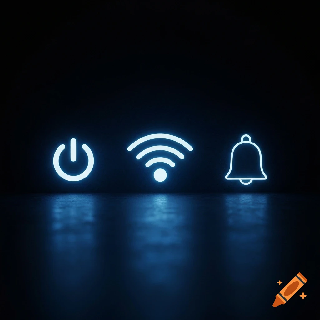 Three glowing blue neon icons: power, Wi-Fi, and notification bell, arranged on a reflective dark surface.