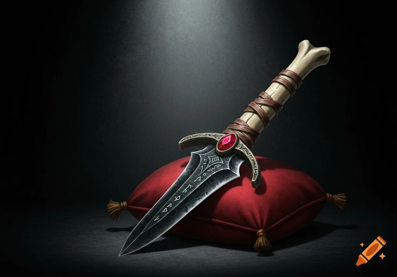 A stylized fantasy dagger with a bone hilt, leather wrap, and a red ruby, resting on a red velvet cushion in a dark setting.