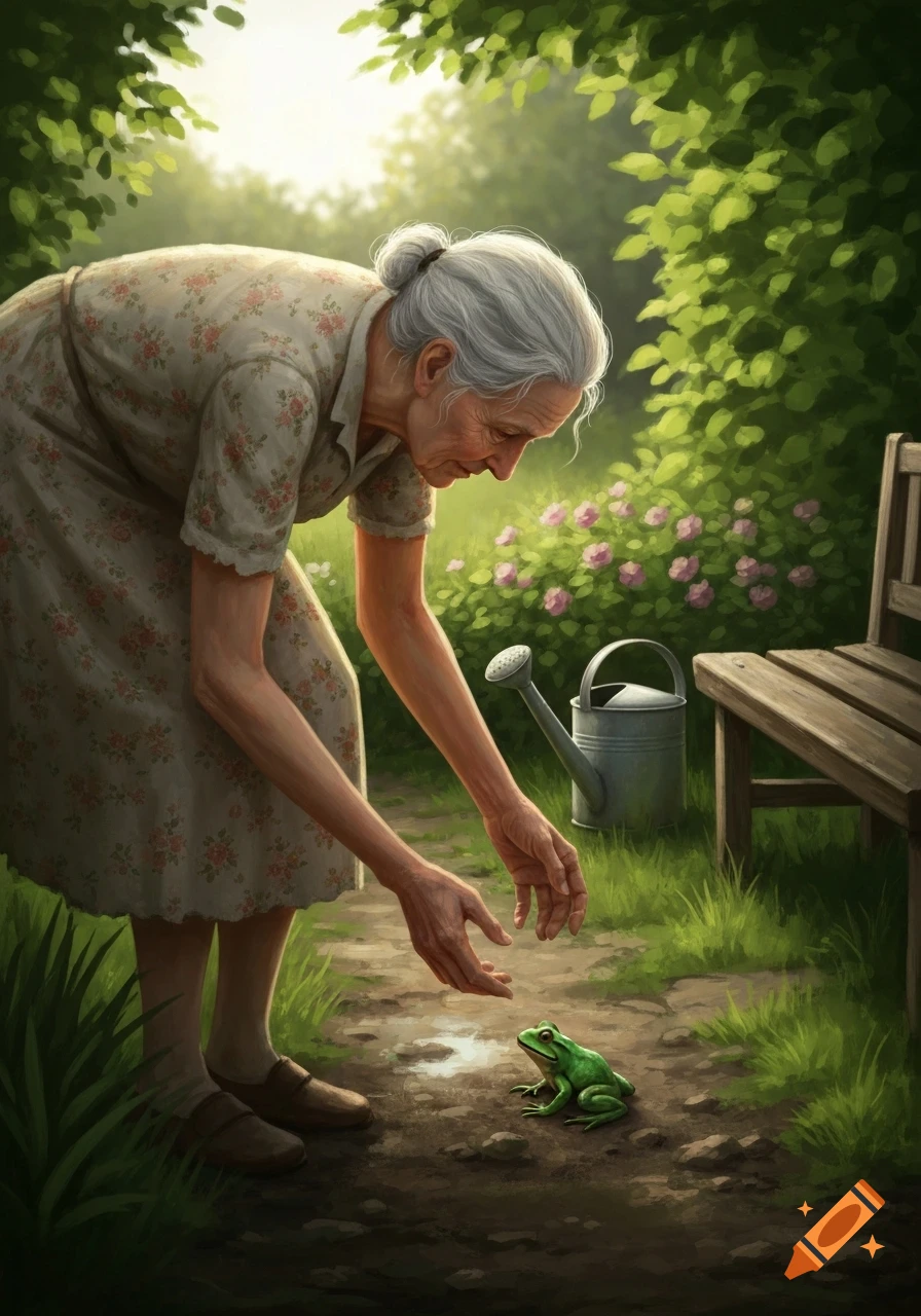 An elderly woman bends to observe a green frog on a dirt path in a sunny garden, illustrated.