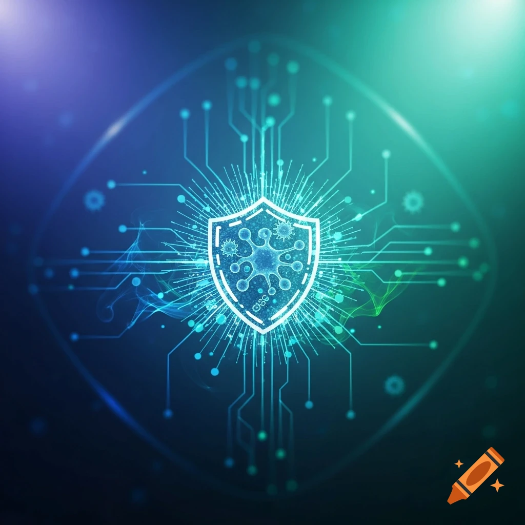 A glowing digital shield with a virus symbol inside, surrounded by circuit board lines and light effects on a dark blue-green background.
